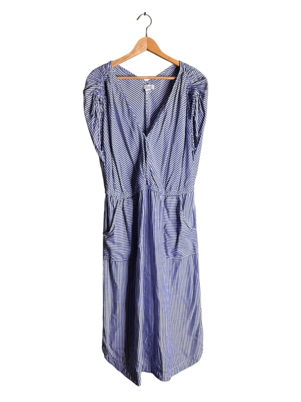 Peyton & Parker XL Blue White Striped Rayon Midi Dress Puff Sleeve Pockets